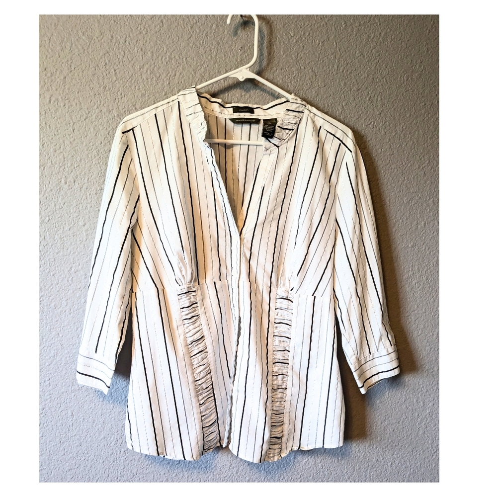 Hillard & Hanson White Blouse with Black And Silver Vertical Stripes XL - Picture 9 of 9
